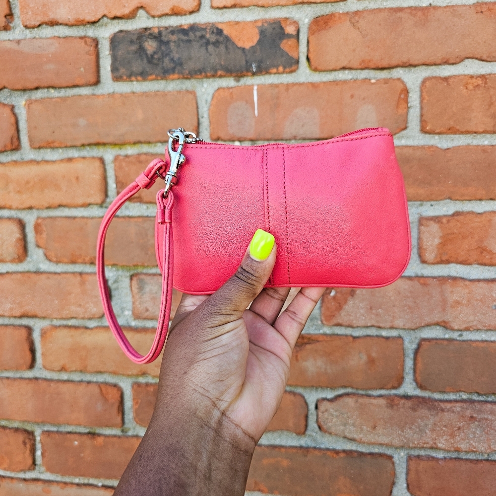 Coach Coral Pink Leather Wristlet – Small Zipper Pouch Purse | Silver Hardware